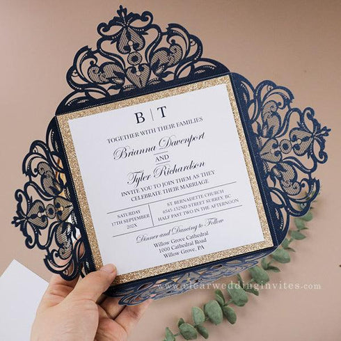 simple classic navy and rose gold monogram wedding invitation CWIL91