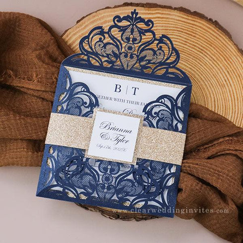 simple classic navy and rose gold monogram wedding invitation CWIL91