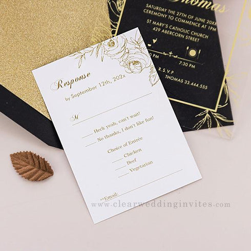 hand drawn floral gold frame black acrylic wedding invitation CWIA187