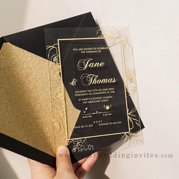 hand drawn floral gold frame black acrylic wedding invitation CWIA187