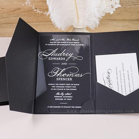 Elegant White Script Black Pocket Acrylic Wedding Invitations CWIA209
