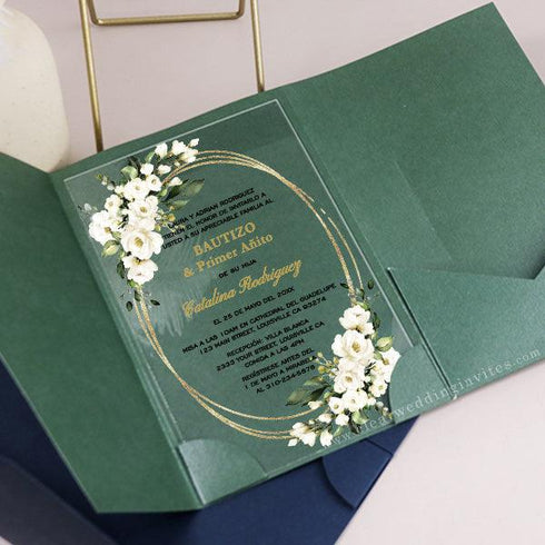elegant white floral framed formal pocket wedding invitations CWIA215