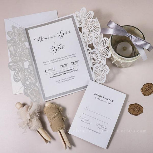 elegant white laser cut wedding invitations with silver gray ribbon CWIL36