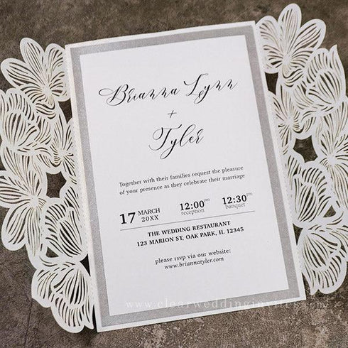 elegant white laser cut wedding invitations with silver gray ribbon CWIL36