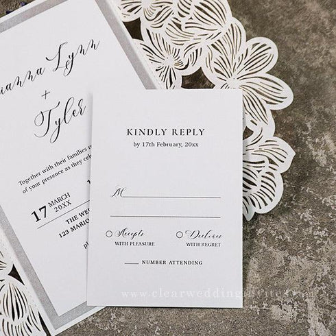 elegant white laser cut wedding invitations with silver gray ribbon CWIL36