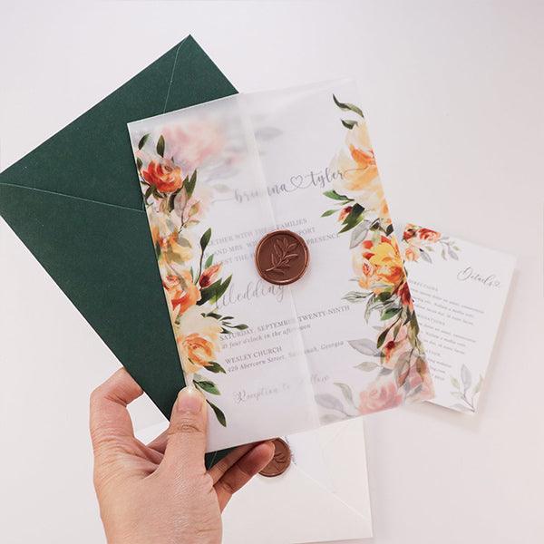 terra cotta, rust and greenery vellum wedding invitations with wax seal CWIV24
