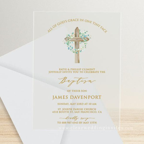 foliage cross baptism and christening acrylic invitations CWIBP11