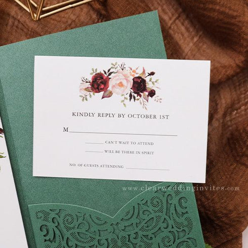 forest green with rustic masala florals pocket wedding invitations CWIL88