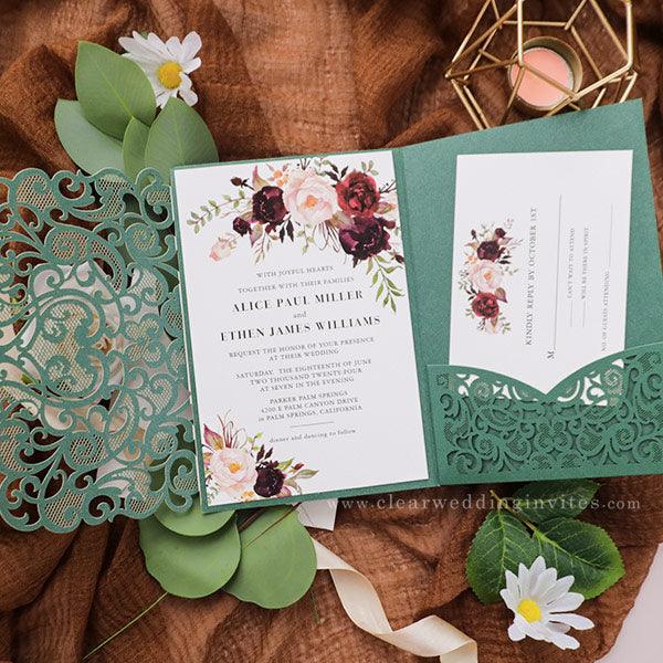 forest green with rustic masala florals pocket wedding invitations CWIL88