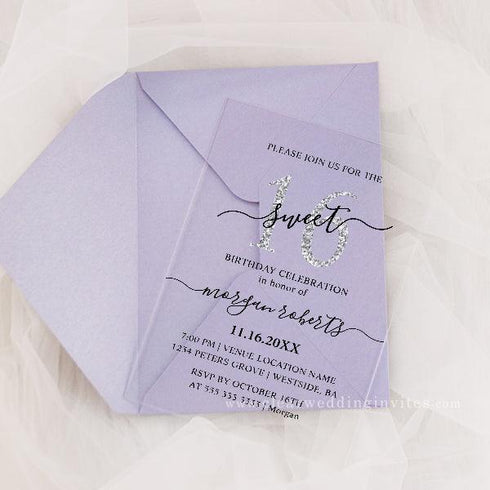 Girly Chic Lavender Silver Glitter Sweet 16 Acrylic Invitation CWIA165