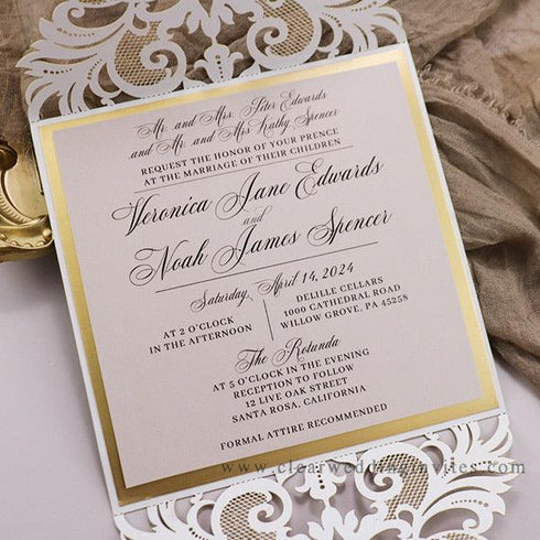 gorgeous lace glitter gold and blush laser cut wedding invitations CWIL97
