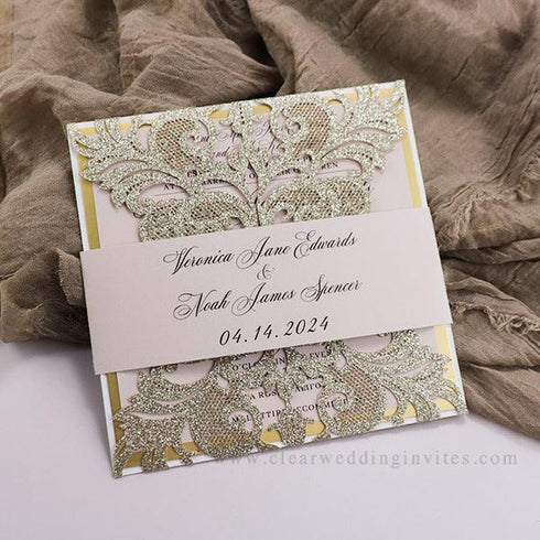 gorgeous lace glitter gold and blush laser cut wedding invitations CWIL97