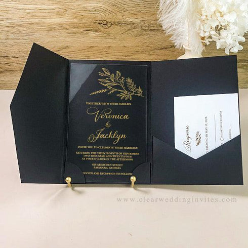 Chic Foliage Gold and Black Pocket Acrylic Wedding Invitations CWIA210