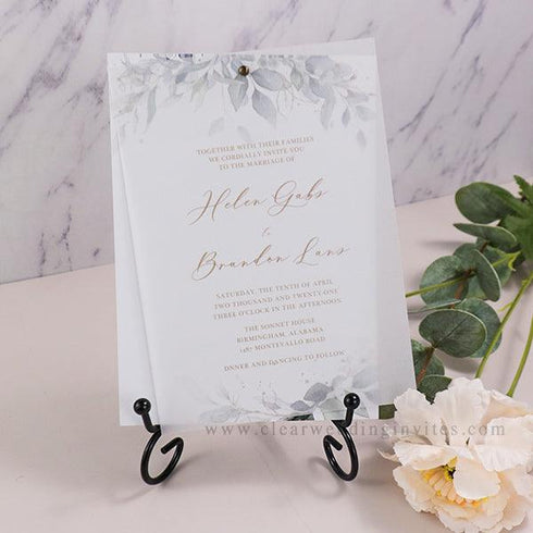 Botanical greenery and gold overlay vellum wedding invitations CWIV34