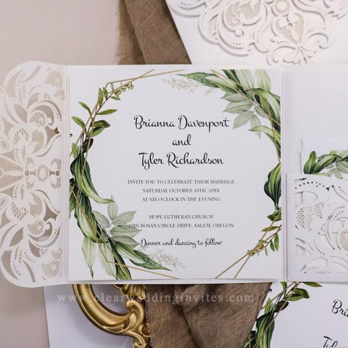 Framed Greens Gold Geometric Wedding Invitation With Greenery Leaves CWIL58