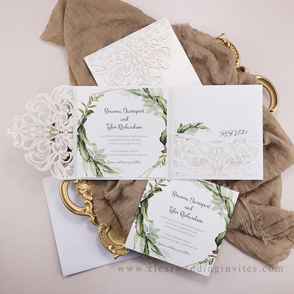 Framed Greens Gold Geometric Wedding Invitation With Greenery Leaves CWIL58