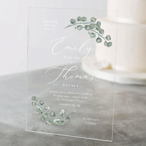 sage eucalyptus clear transparent acrylic wedding invitations CWIA85