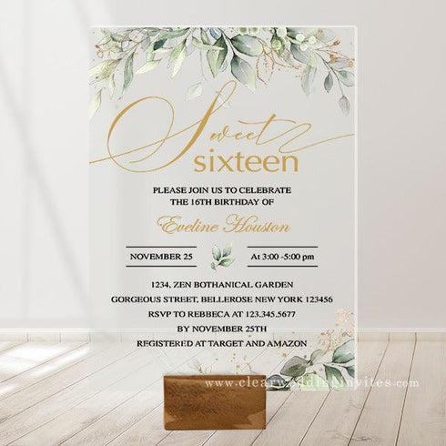 Greenery eucalyptus gold leaves boho sweet sixteen acrylic invitation CWIA163