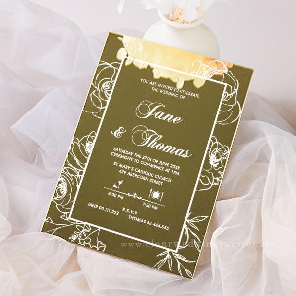 hand draw roses gold mirror acrylic wedding invitation CWIA206