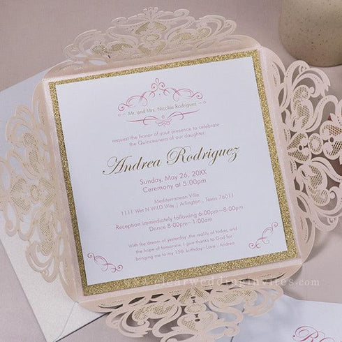 inviting blush shimmer laser cut pocket with classic invitation and glittery backer CWIL27