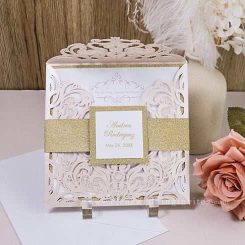 inviting blush shimmer laser cut pocket with classic invitation and glittery backer CWIL27
