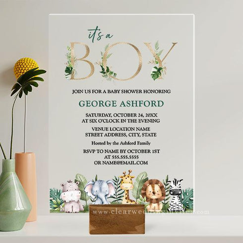 It's a Boy Safari Jungle Animals Baby Shower Acrylic Invitation CWIBA05