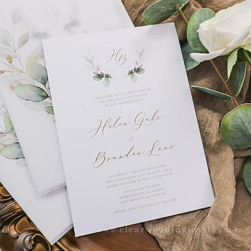 elegant greenery wedding invitations with vellum jacket and wax seal CWIV23