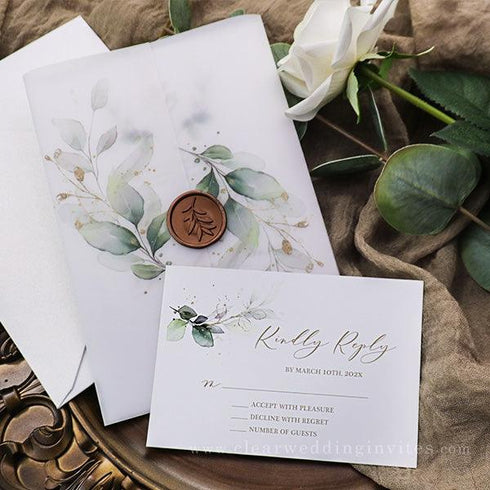 elegant greenery wedding invitations with vellum jacket and wax seal CWIV23