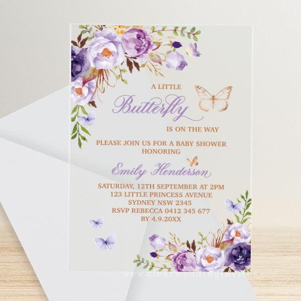 Purple Lavender Butterflies Floral Baby Shower Quince Acrylic Invitation CWIBA22 - Clear Wedding Invites