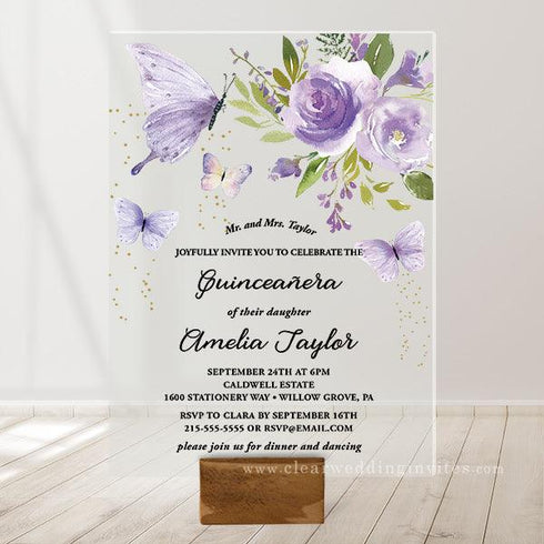 lilac lavender with whimsical butterflies acrylic quince invitations sweet 16 baptism CWIA204