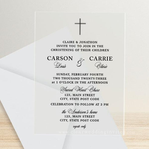 modern minimal style twin christening acrylic invitation CWIBP05