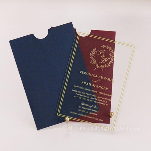 Minimal Leaf Gold Formal Monogram Pocket Acrylic Wedding Invitations CWIA171