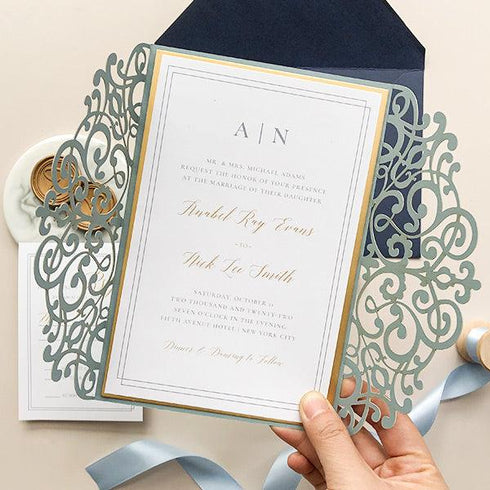 classic dusty blue laser cut wedding invitations with gold mirror CWIL72