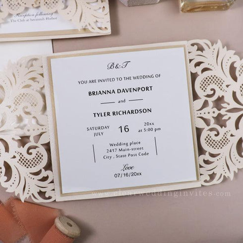 neutral ivory wedding invitations with champagne liner CWIL77