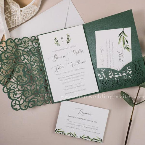 botanical olive leaf wedding invitations with matching green pocket CWIL25