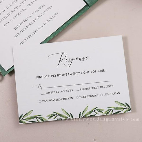 botanical olive leaf wedding invitations with matching green pocket CWIL25
