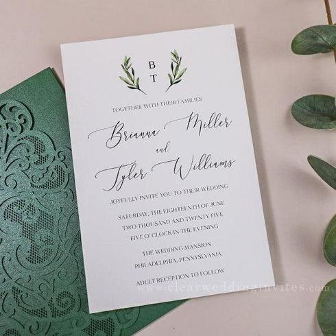 botanical olive leaf wedding invitations with matching green pocket CWIL25