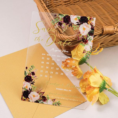 rustic floral burgundy pink acrylic calendar save the date Cards CWIS02