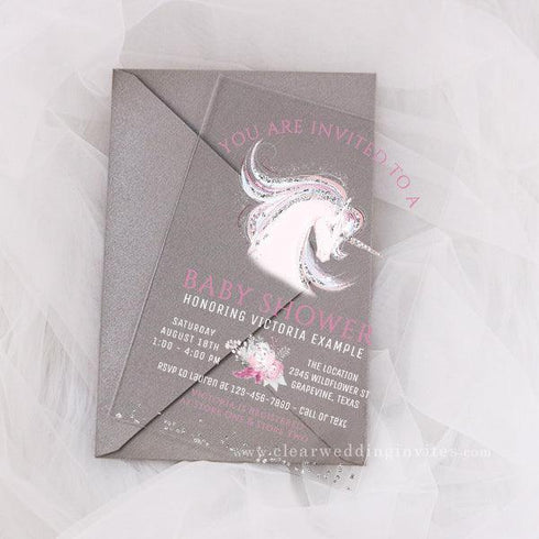 pink and silver diamond unicorn baby shower acrylic invitation CWIBA15