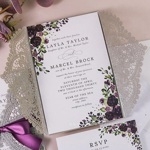 elegant purple plum and mauve floral laser cut wedding invitations CWIL39