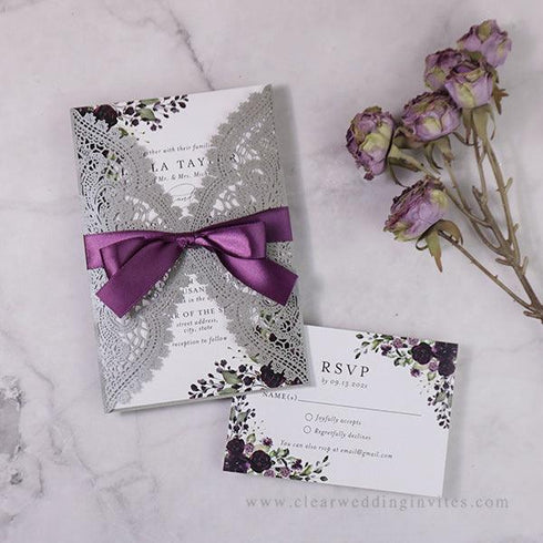 elegant purple plum and mauve floral laser cut wedding invitations CWIL39