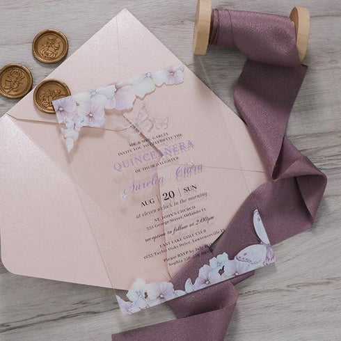 purple lilac floral butterflies acrylic invitations for quinces, sweet 16, wedding CWIA118