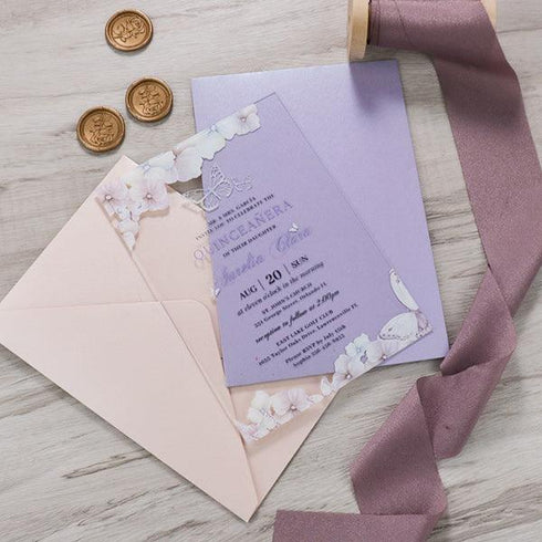 purple lilac floral butterflies acrylic invitations for quinces, sweet 16, wedding CWIA118