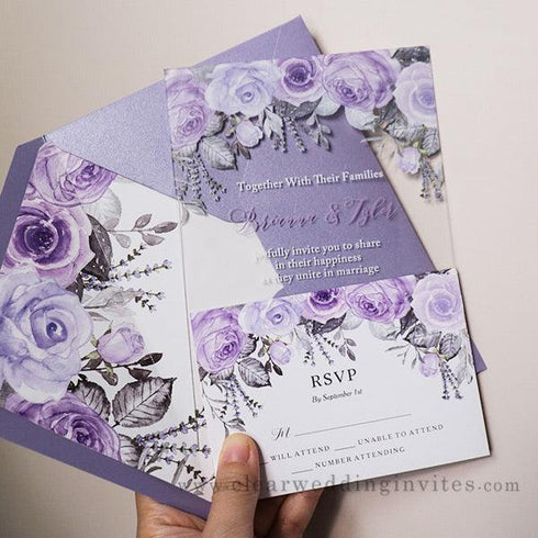 shades of purples and silver leaves acrylic wedding invitation CWIA188