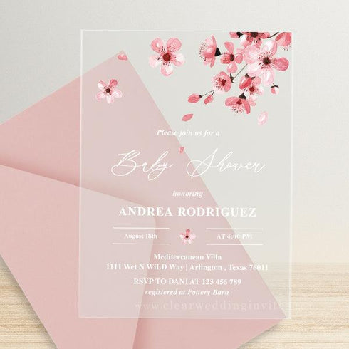 adorable sakura pink floral baby girl acrylic invitations CWIBA23