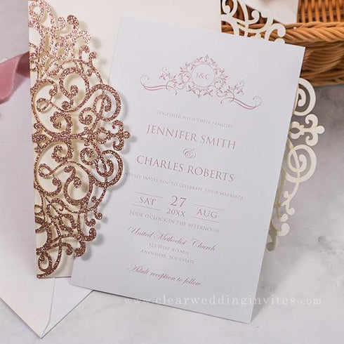elegant chic rose gold glitter laser cut wedding invitations with pink monogram tag CWIL06