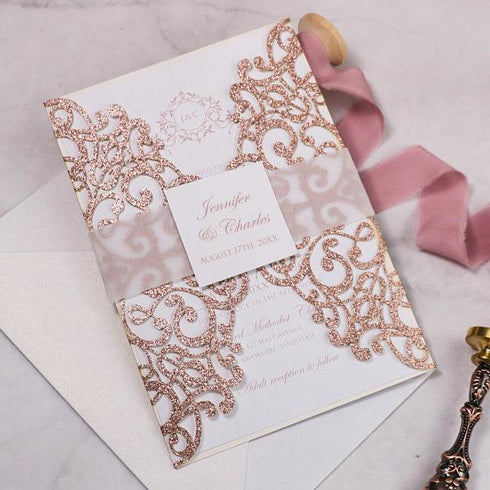 elegant chic rose gold glitter laser cut wedding invitations with pink monogram tag CWIL06