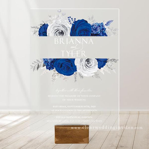 Royal Blue White Metallic Silver Floral Acrylic Wedding Invitation CWIA143