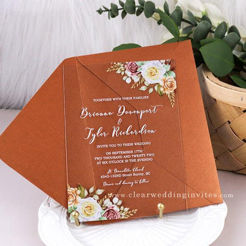 truly fall floral acrylic invitations with rust wedding colors CWIA73