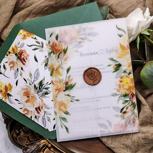 terra cotta, rust and greenery vellum wedding invitations with wax seal CWIV24